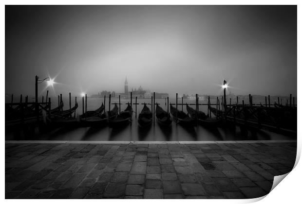 VENICE Gondolas on a foggy morning Print by Melanie Viola