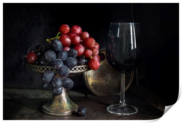 Vintage grapes and red wine Print by Beata Aldridge