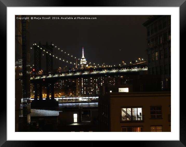 Manhattan Bridge and Empire State Building at nigh Framed Mounted Print by Marja Ozwell