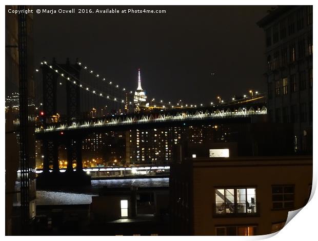 Manhattan Bridge and Empire State Building at nigh Print by Marja Ozwell