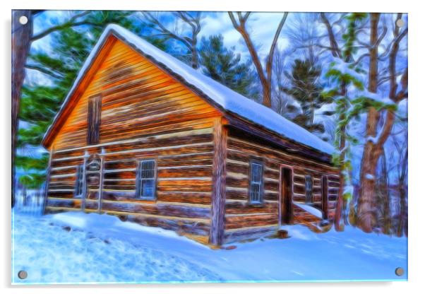 Log Cabin In The Winter Acrylic by Sarah Ball