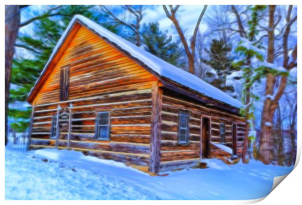 Log Cabin In The Winter Print by Sarah Ball