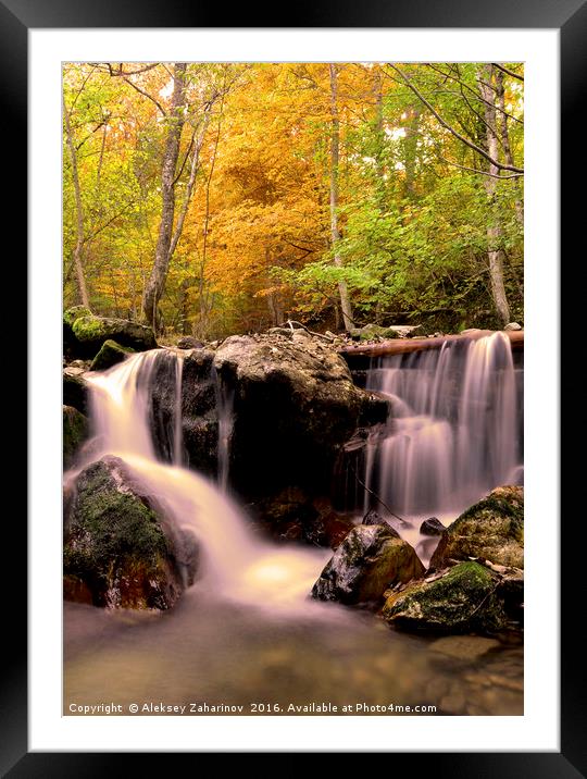 Waterfall in the forest during Autumn Framed Mounted Print by Aleksey Zaharinov