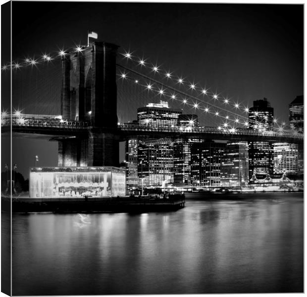Night Skyline MANHATTAN Brooklyn Bridge bw Canvas Print by Melanie Viola
