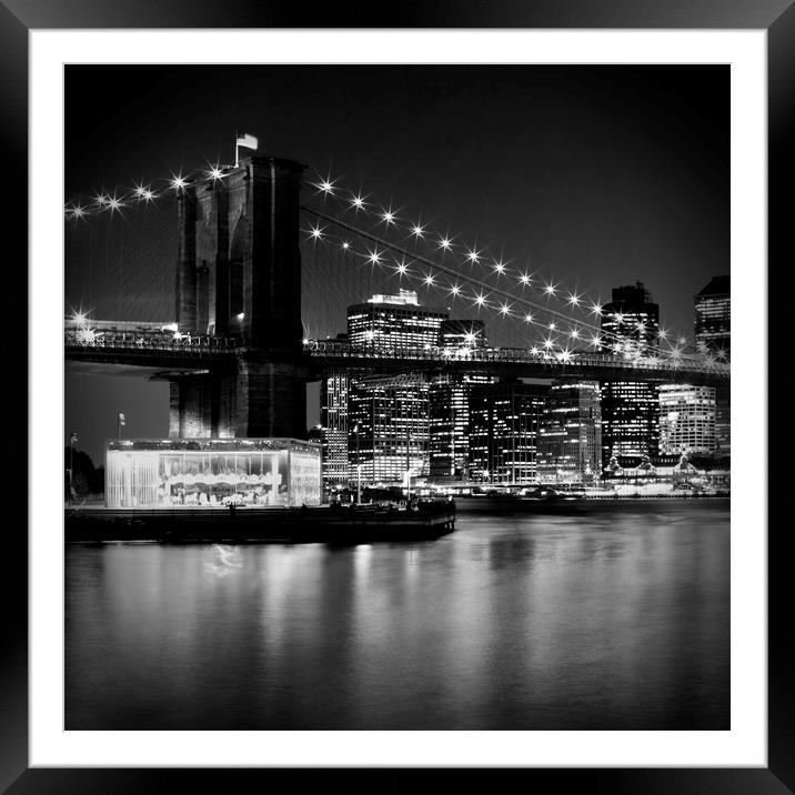 Night Skyline MANHATTAN Brooklyn Bridge bw Framed Mounted Print by Melanie Viola
