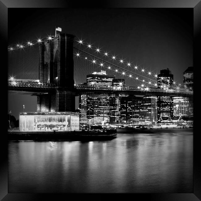 Night Skyline MANHATTAN Brooklyn Bridge bw Framed Print by Melanie Viola
