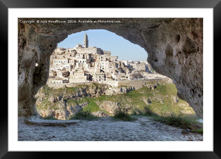 Matera viewed from one of the caves in the Murgia  Framed Mounted Print by Julie Woodhouse