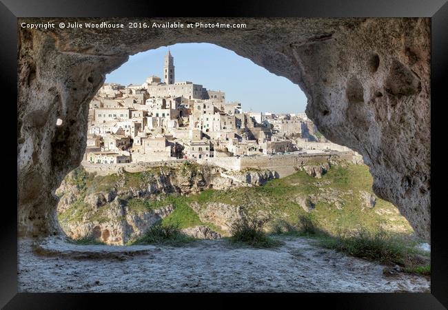 Matera viewed from one of the caves in the Murgia  Framed Print by Julie Woodhouse