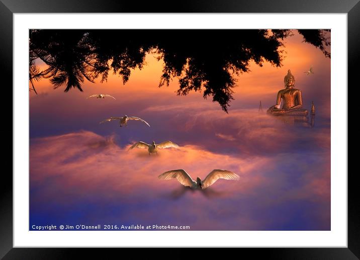 Abstract Swans landing in the clouds Framed Mounted Print by Jim O'Donnell