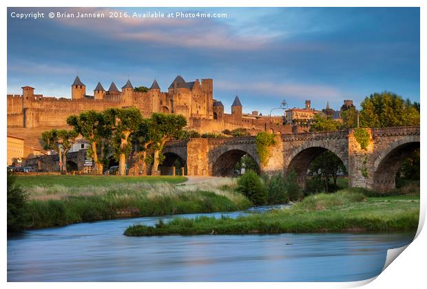 Setting sunlight over town of Carcassonne Print by Brian Jannsen