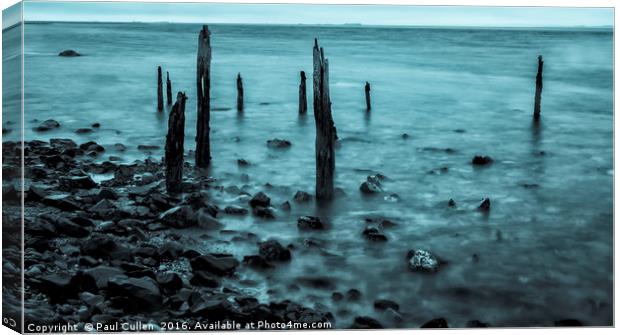 Old posts at Lindisfarne in Cyan. Canvas Print by Paul Cullen