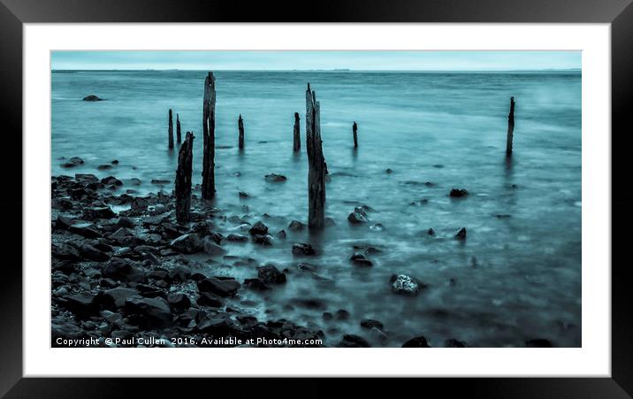 Old posts at Lindisfarne in Cyan. Framed Mounted Print by Paul Cullen