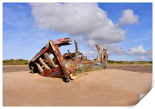 Fishing boat wrecked on the sand Print by Shaun Jacobs