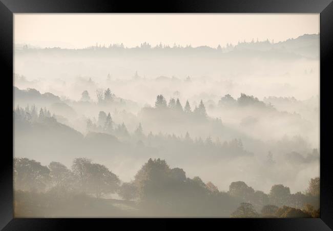 Layers of fog in the valley at sunrise. Troutbeck, Framed Print by Liam Grant