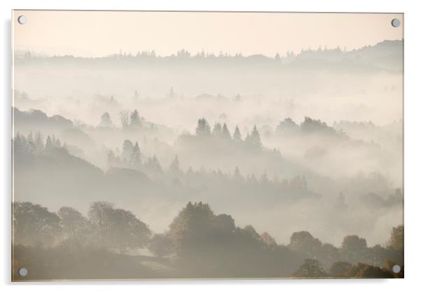 Layers of fog in the valley at sunrise. Troutbeck, Acrylic by Liam Grant