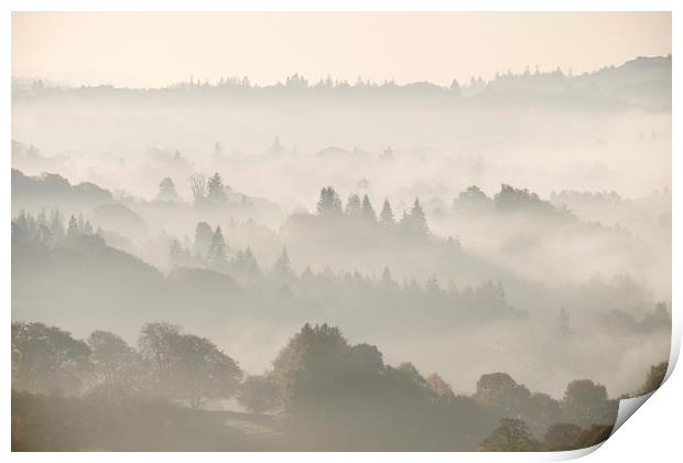 Layers of fog in the valley at sunrise. Troutbeck, Print by Liam Grant