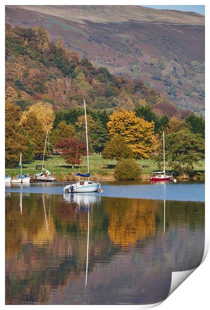 Boats and autumnal colour. Ullswater, Cumbria, UK. Print by Liam Grant