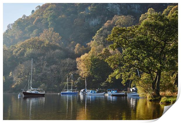 Boats and autumnal colour. Ullswater, Cumbria, UK. Print by Liam Grant
