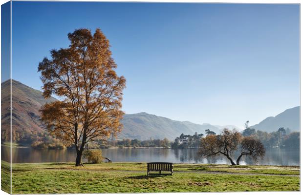Bench and autumnal colour. Ullswater, Cumbria, UK. Canvas Print by Liam Grant