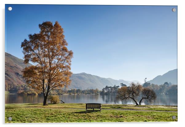 Bench and autumnal colour. Ullswater, Cumbria, UK. Acrylic by Liam Grant