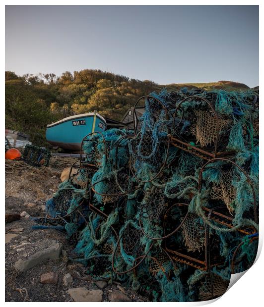Fishing boat and lobster pots Print by Shaun Jacobs