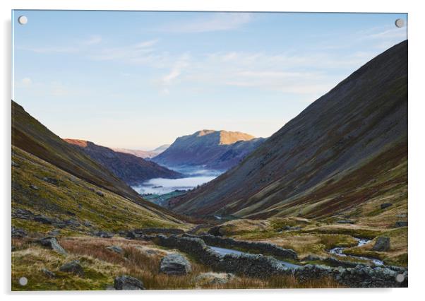 Fog formed in the valley at sunrise. Kirkstone Pas Acrylic by Liam Grant
