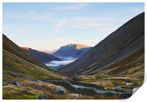 Fog formed in the valley at sunrise. Kirkstone Pas Print by Liam Grant