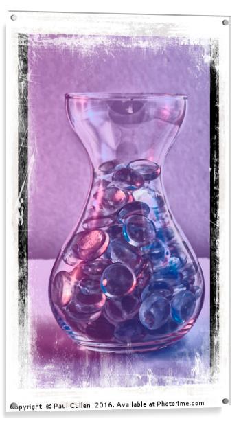 Jar of glass pebbles in hues of blue and purple. Acrylic by Paul Cullen
