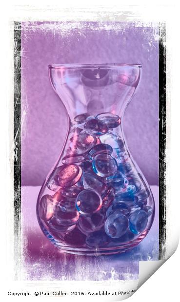 Jar of glass pebbles in hues of blue and purple. Print by Paul Cullen