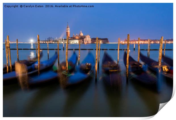 Venice, Gondolas After Dark Print by Carolyn Eaton