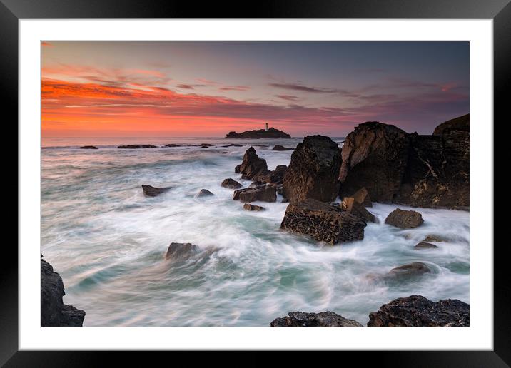 Beautiful sunset at Godrevy lighthouse. Framed Mounted Print by Michael Brookes
