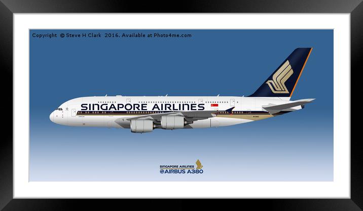 Illustration of Singapore Airlines Airbus A380 Framed Mounted Print by Steve H Clark