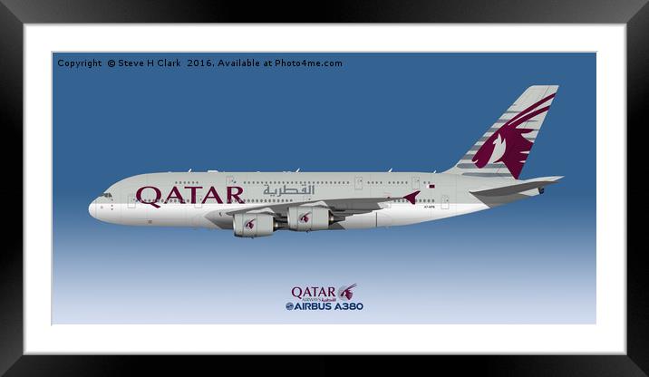 Illustration of Qatar Airways Airbus A380  Framed Mounted Print by Steve H Clark
