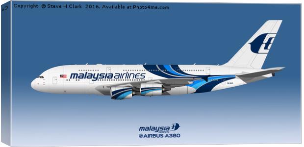 Illustration of Malaysia Airlines Airbus A380 Canvas Print by Steve H Clark
