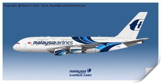 Illustration of Malaysia Airlines Airbus A380 Print by Steve H Clark