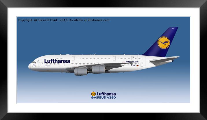 Illustration of Lufthansa Airbus A380 Framed Mounted Print by Steve H Clark