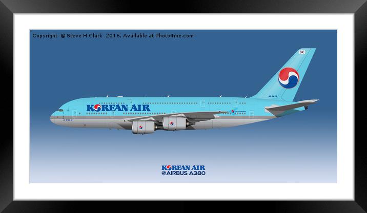 Illustration of Korean Air Airbus A380 Framed Mounted Print by Steve H Clark