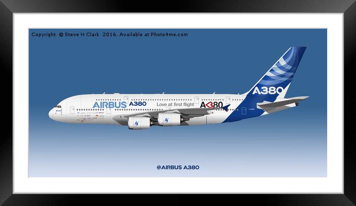 Illustration of Airbus A380 - Love at First Flight Framed Mounted Print by Steve H Clark
