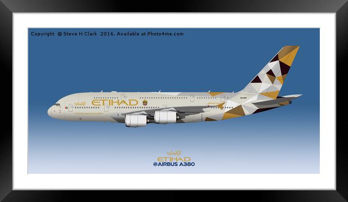 Illustration of Etihad Airways Airbus A380 Framed Mounted Print by Steve H Clark