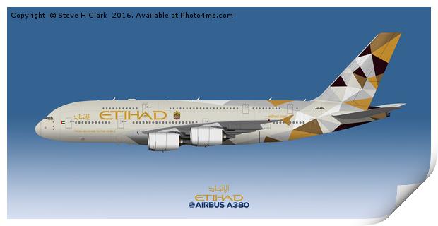 Illustration of Etihad Airways Airbus A380 Print by Steve H Clark