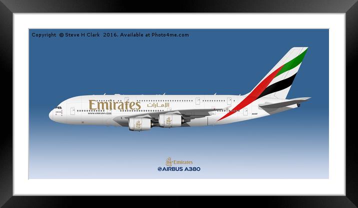 Illustration of Emirates Airbus A380 Framed Mounted Print by Steve H Clark