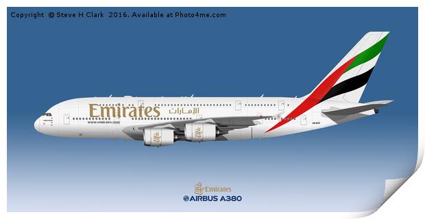Illustration of Emirates Airbus A380 Print by Steve H Clark