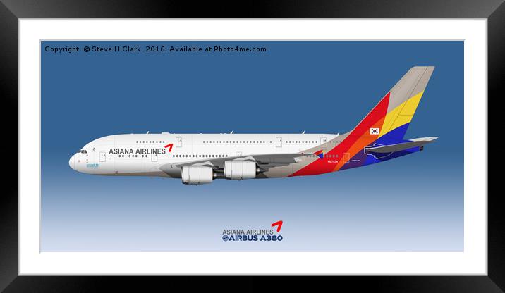 Illustration of Asiana Airlines Airbus A380 Framed Mounted Print by Steve H Clark