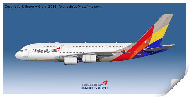 Illustration of Asiana Airlines Airbus A380 Print by Steve H Clark