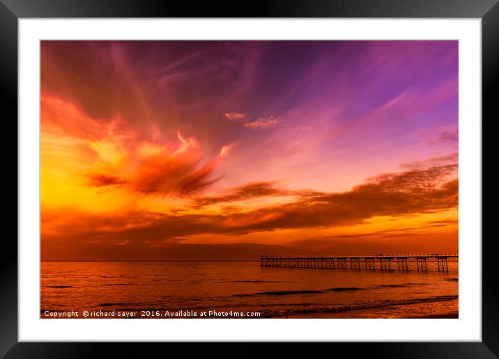 Fiery Sunset Over Saltburn Pier Framed Mounted Print by richard sayer