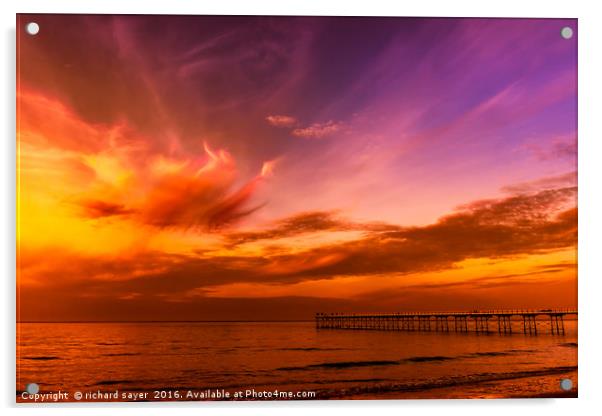 Fiery Sunset Over Saltburn Pier Acrylic by richard sayer