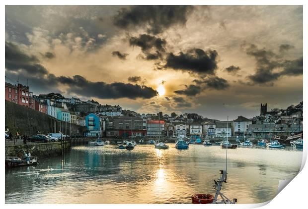 Brixham Harbour with a Setting Sun Print by Gordon Dimmer