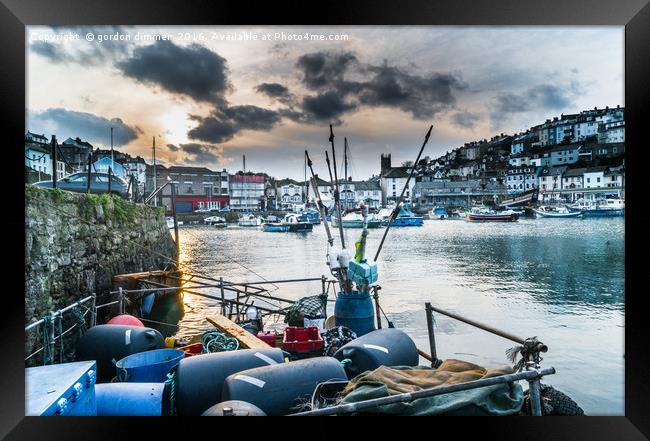 Brixham Harbour with Fishing Equipment Framed Print by Gordon Dimmer