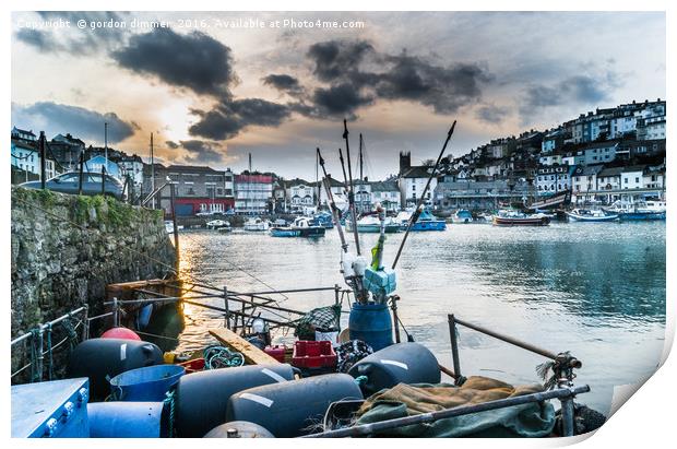 Brixham Harbour with Fishing Equipment Print by Gordon Dimmer