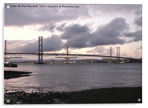 Dusk over the Forth Road Bridge. Acrylic by Lilian Marshall